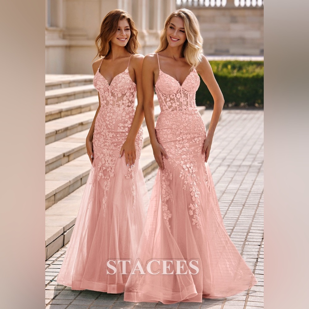 Stacees Dusty Pink Lace Prom Dress